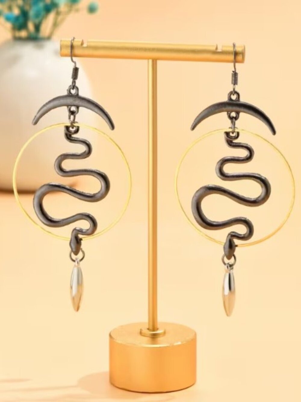 Silver Boho Cutout Moon Snake Pattern Dangle Earrings Lightweight 2.83" Long